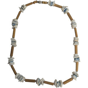 Hawaiian Blue White Pukka Shell and Wood Choker Necklace Vintage Boho Jewelry